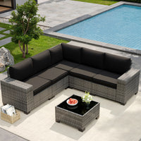 UDPATIO 6-Piece Patio Furniture Set, Outdoor Patio Sofa Set With Wide Armrest, All-Weather Wicker Rattan Guest Set With Cushion And Glass Table And Waterproof Cover, Brown & Navy Blue