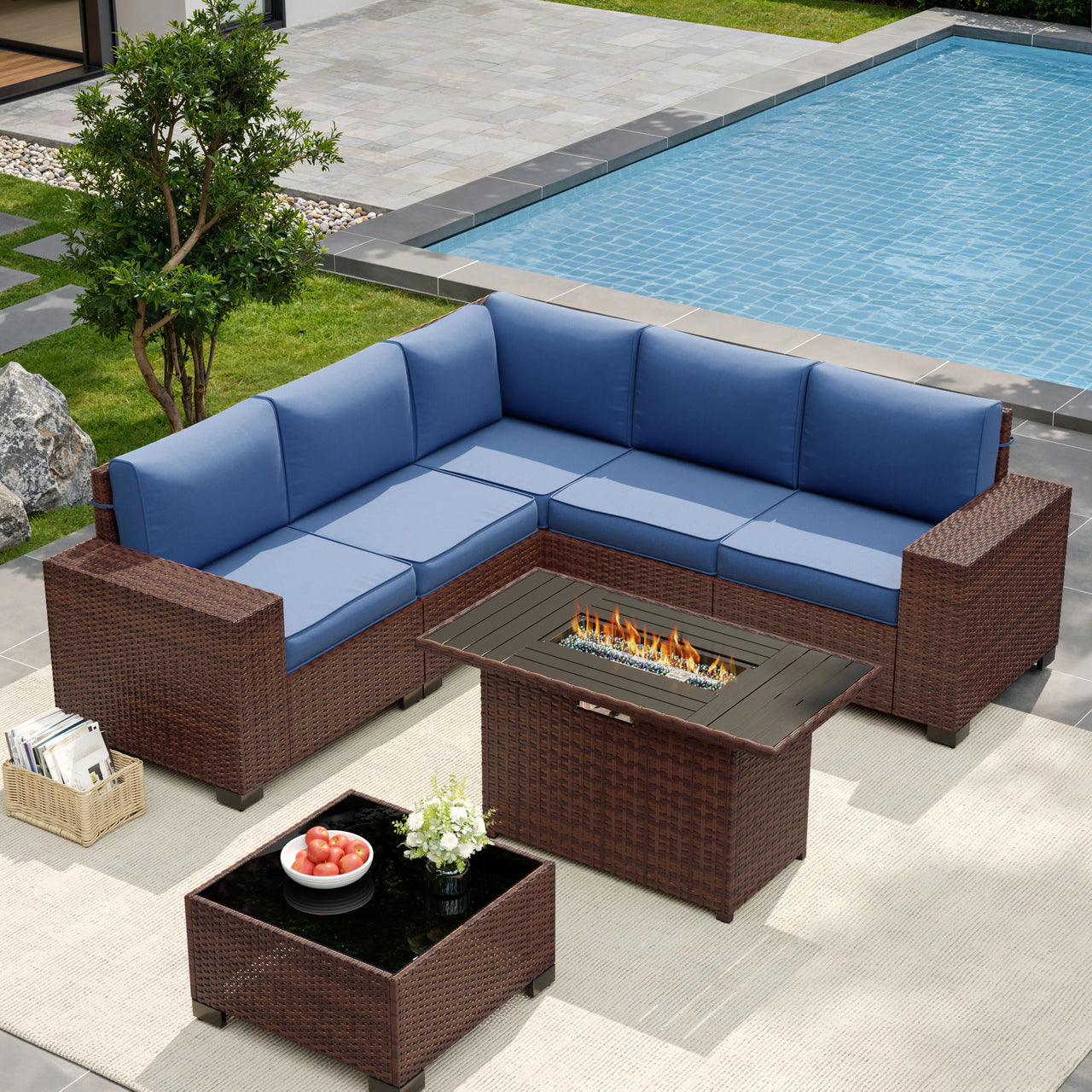 UDPATIO 6-Piece Patio Furniture Set, Outdoor Patio Sofa Set With Wide Armrest, All-Weather Wicker Rattan Guest Set With Cushion And Glass Table And Waterproof Cover, Brown & Navy Blue
