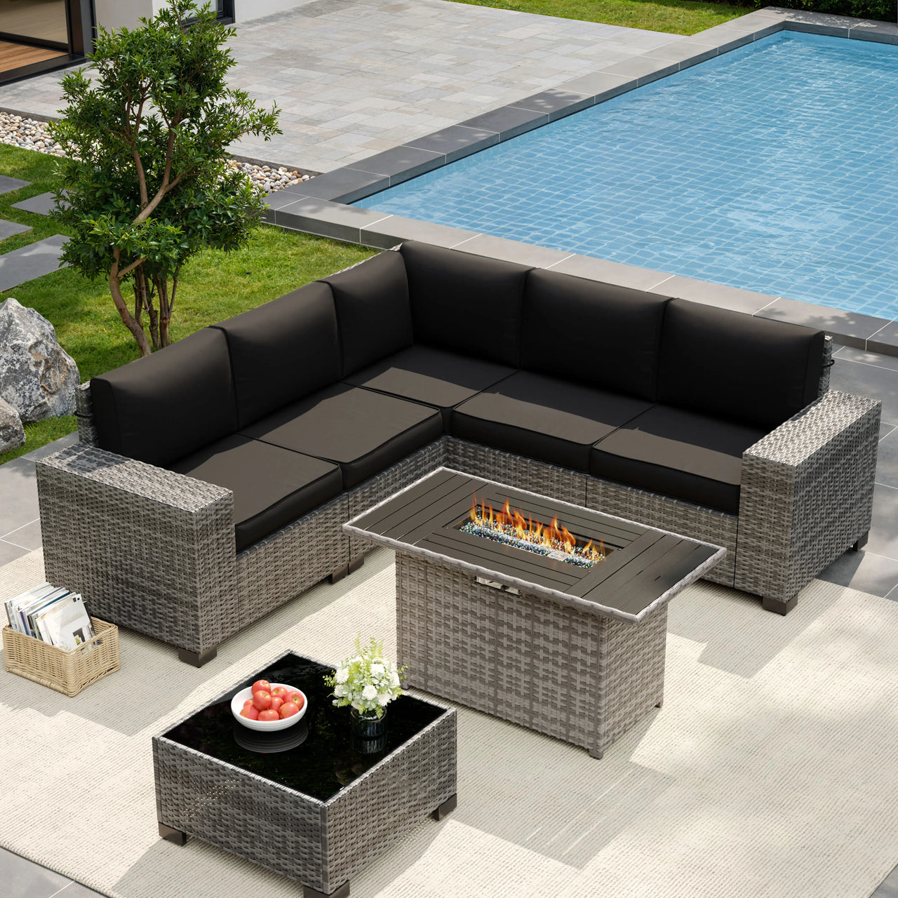 UDPATIO 6-Piece Patio Furniture Set, Outdoor Patio Sofa Set With Wide Armrest, All-Weather Wicker Rattan Guest Set With Cushion And Glass Table And Waterproof Cover, Brown & Navy Blue