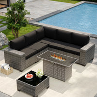 UDPATIO 6-Piece Patio Furniture Set, Outdoor Patio Sofa Set With Wide Armrest, All-Weather Wicker Rattan Guest Set With Cushion And Glass Table And Waterproof Cover, Brown & Navy Blue