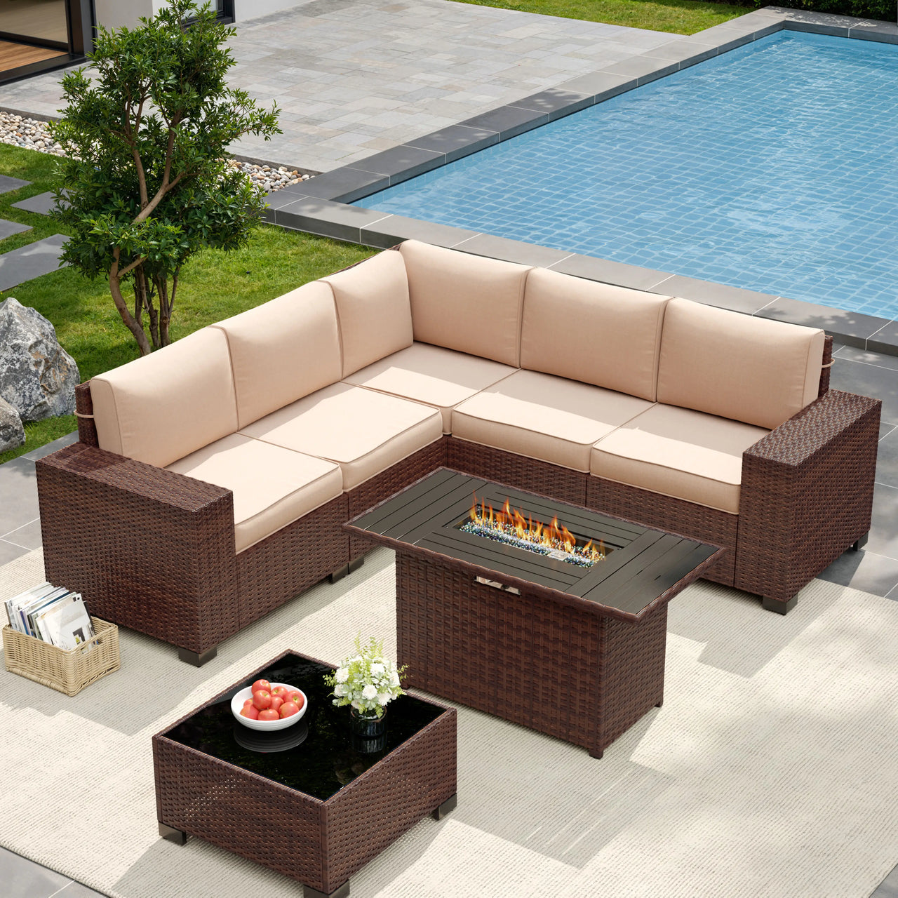 UDPATIO 6-Piece Patio Furniture Set, Outdoor Patio Sofa Set With Wide Armrest, All-Weather Wicker Rattan Guest Set With Cushion And Glass Table And Waterproof Cover, Brown & Navy Blue