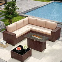 UDPATIO 6-Piece Patio Furniture Set, Outdoor Patio Sofa Set With Wide Armrest, All-Weather Wicker Rattan Guest Set With Cushion And Glass Table And Waterproof Cover, Brown & Navy Blue