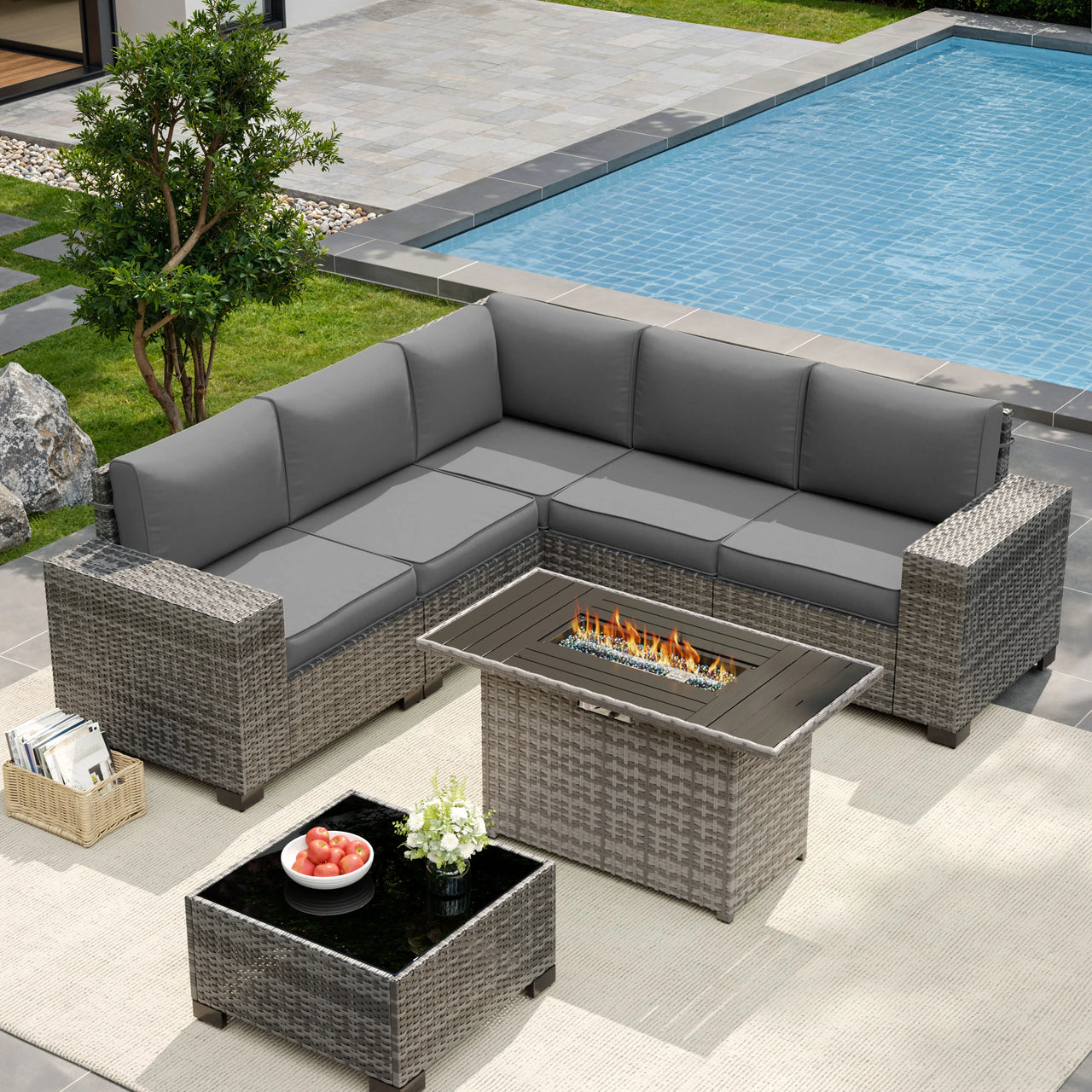 UDPATIO 6-Piece Patio Furniture Set, Outdoor Patio Sofa Set With Wide Armrest, All-Weather Wicker Rattan Guest Set With Cushion And Glass Table And Waterproof Cover, Brown & Navy Blue