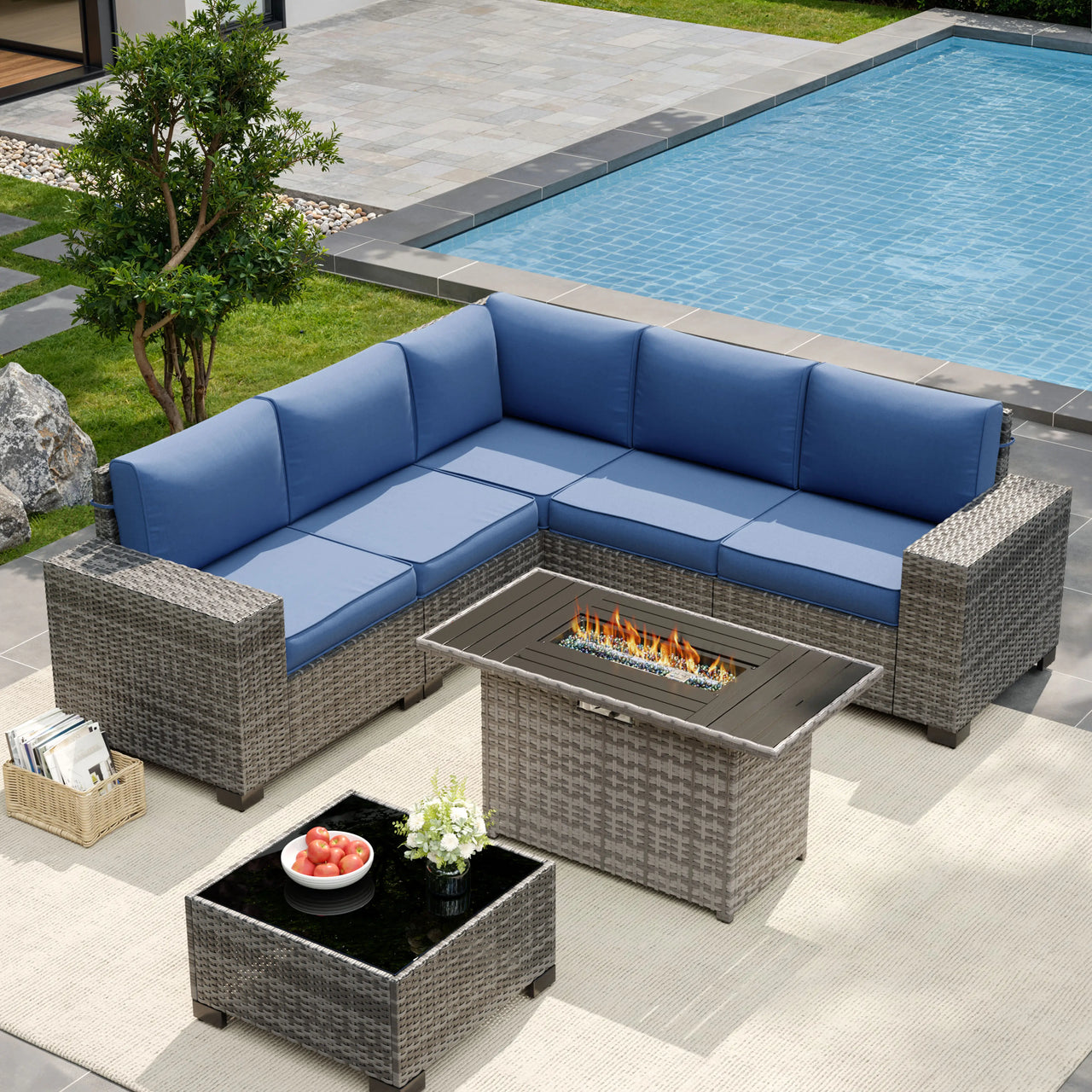 UDPATIO 6-Piece Patio Furniture Set, Outdoor Patio Sofa Set With Wide Armrest, All-Weather Wicker Rattan Guest Set With Cushion And Glass Table And Waterproof Cover, Brown & Navy Blue