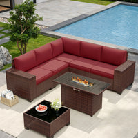 UDPATIO 6-Piece Patio Furniture Set, Outdoor Patio Sofa Set With Wide Armrest, All-Weather Wicker Rattan Guest Set With Cushion And Glass Table And Waterproof Cover, Brown & Navy Blue