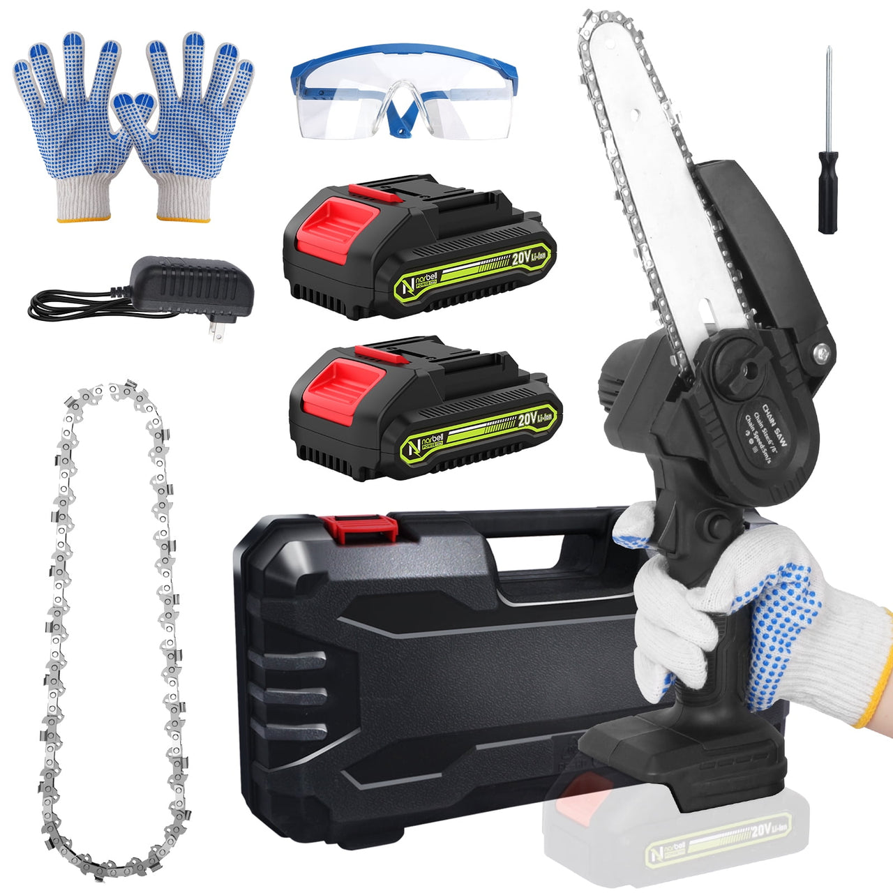 Upgraded Portable Mini Electric Chainsaw with 2 Battery, 20V Cordless Chain Saw, Lightweight 2.3 IBS One-Handed Operation for Orchard Ranch Pruning & Wood Cutting