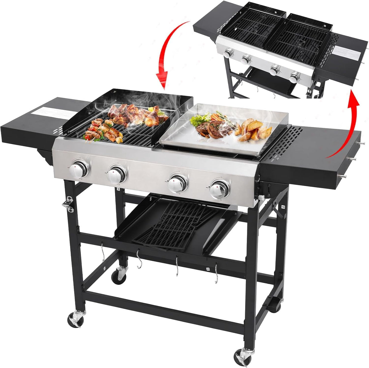 Urday 38,200 BTU 4-Burner Gas Grill and Griddle Station, Portable Propane BBQ Combo with 2 Folding Shelves & Hanging Basket, Versatile Outdoor Cooking Kitchen for Backyard