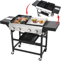 Urday 38,200 BTU 4-Burner Gas Grill and Griddle Station, Portable Propane BBQ Combo with 2 Folding Shelves & Hanging Basket, Versatile Outdoor Cooking Kitchen for Backyard