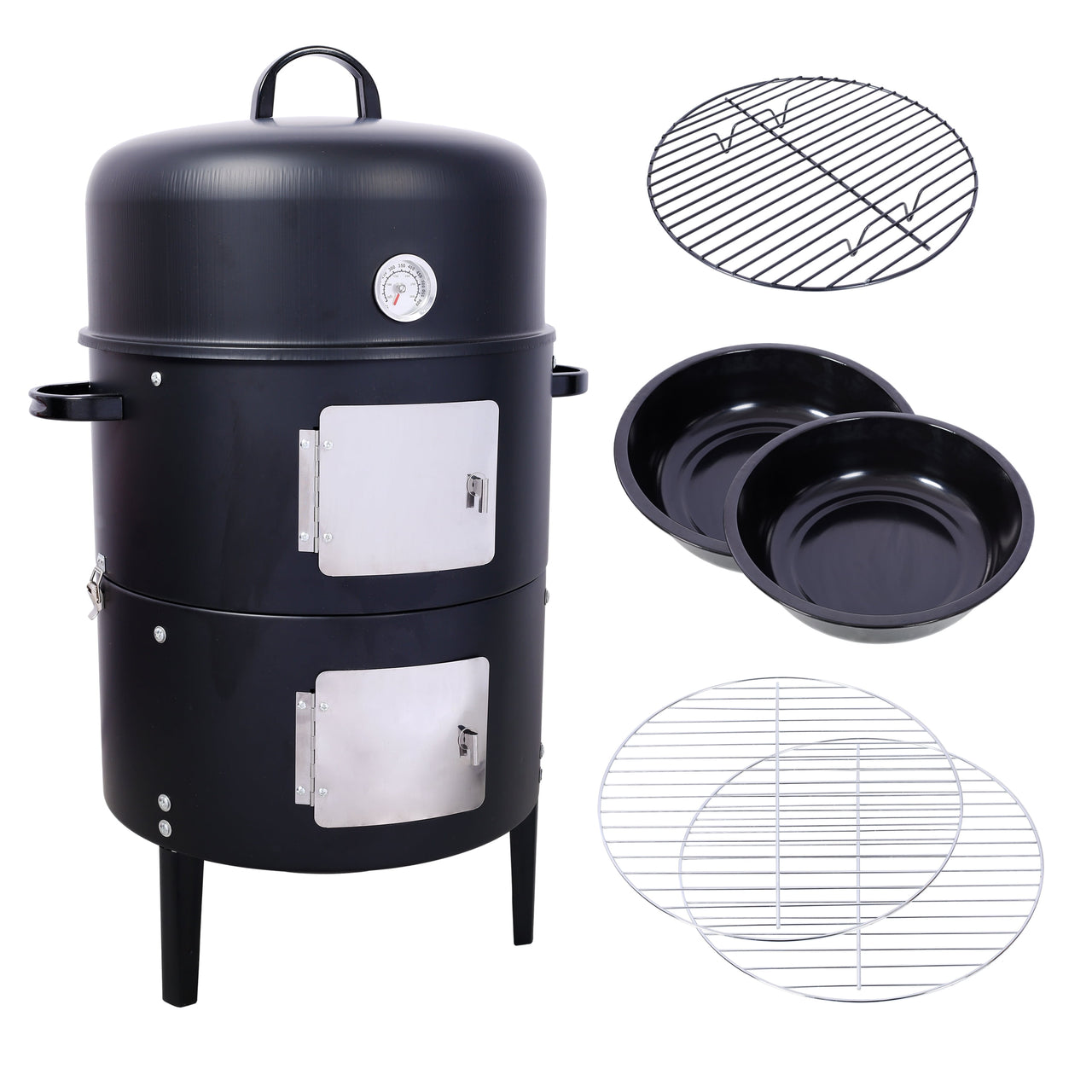 Vertical Steel Charcoal Smoker, Heavy Duty BBQ Smoker Grill With 2 Cooking Area, 2 Access Doors, And Thermometer For Backyard Patio Camping