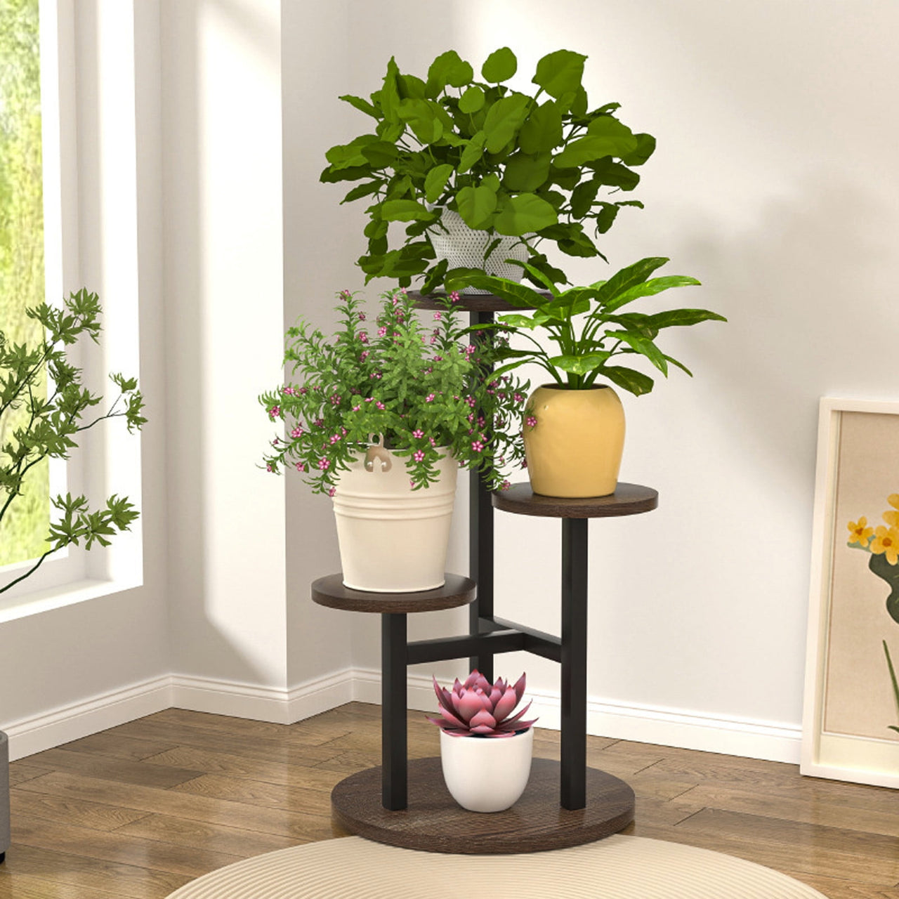 HengDidi 3-Tier Iron Plant Stand with Trays - Decorative Indoor/Outdoor Flower Display Rack for Succulents, Herbs & Home Decor, Sturdy Multi-Layer Space-Saving Design
