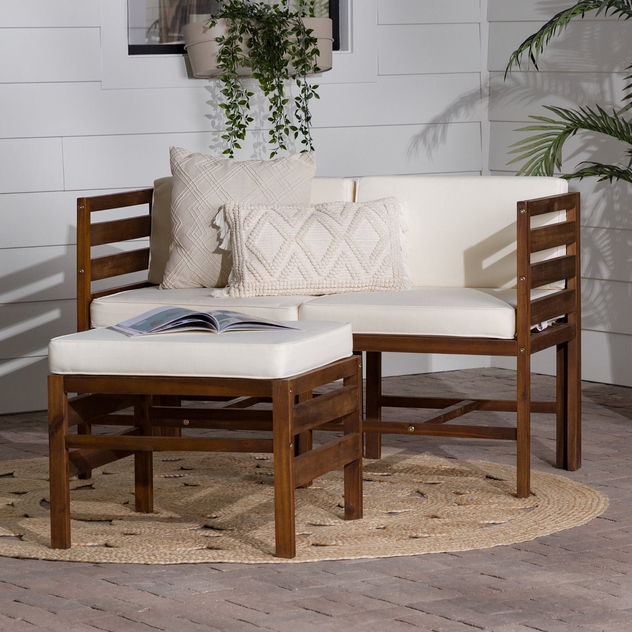 Walker Edison Modular Outdoor Acacia L/R Chairs + Ottoman - Dark Brown
