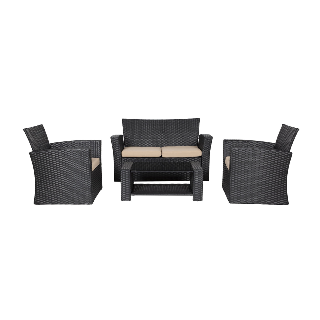 WestinTrends 4pc Outdoor Furniture Conversation Sofa Set with Loveseat, Cofee Table and Cushions, All Weather UV Resistant Rattan Wicker Patio Chairs, Gray/Navy Blue