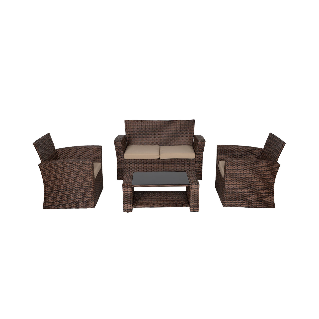 WestinTrends 4pc Outdoor Furniture Conversation Sofa Set with Loveseat, Cofee Table and Cushions, All Weather UV Resistant Rattan Wicker Patio Chairs, Gray/Navy Blue