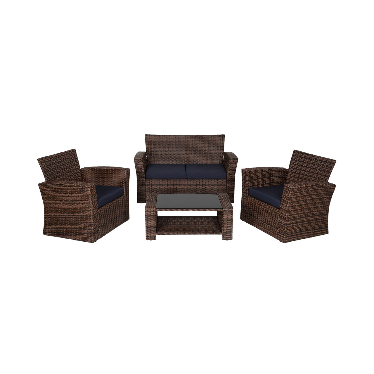 WestinTrends 4pc Outdoor Furniture Conversation Sofa Set with Loveseat, Cofee Table and Cushions, All Weather UV Resistant Rattan Wicker Patio Chairs, Gray/Navy Blue