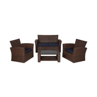 WestinTrends 4pc Outdoor Furniture Conversation Sofa Set with Loveseat, Cofee Table and Cushions, All Weather UV Resistant Rattan Wicker Patio Chairs, Gray/Navy Blue