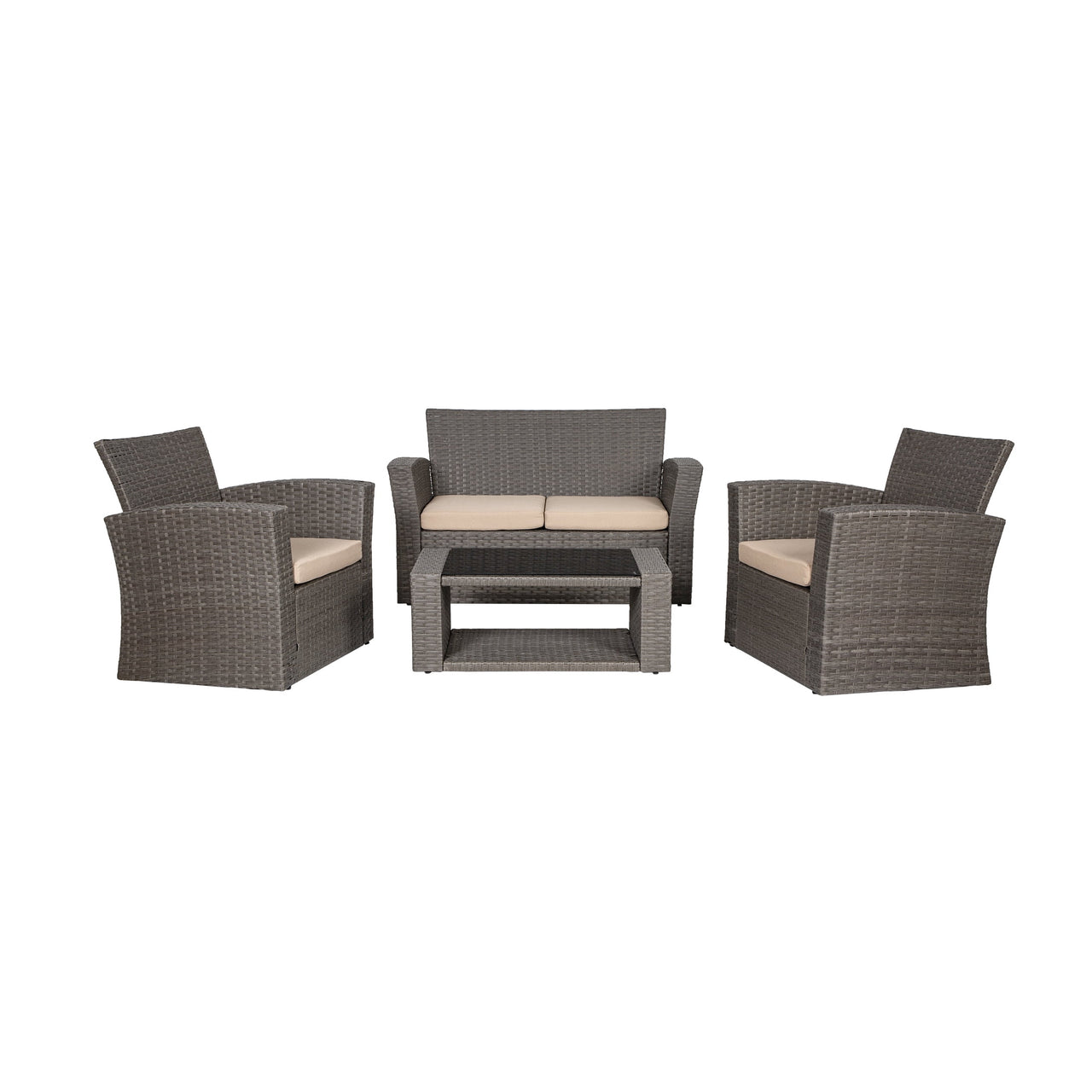 WestinTrends 4pc Outdoor Furniture Conversation Sofa Set with Loveseat, Cofee Table and Cushions, All Weather UV Resistant Rattan Wicker Patio Chairs, Gray/Navy Blue
