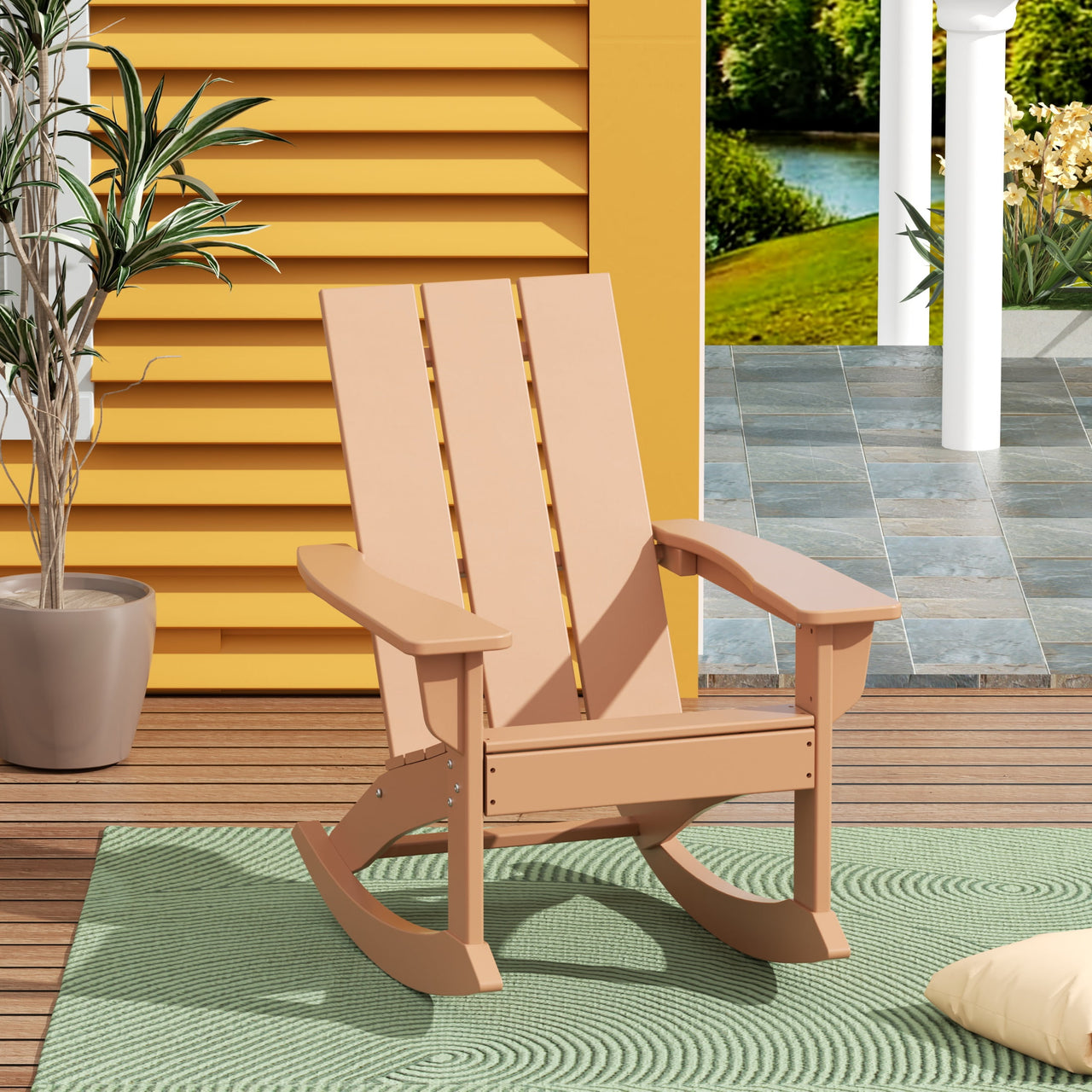 WestinTrends Ashore Patio Rocking Chair, All Weather Poly Lumber Plank Adirondack Rocker Chair, Modern Farmhouse Black Rocking Chairs for Porch Garden Backyard and Indoor