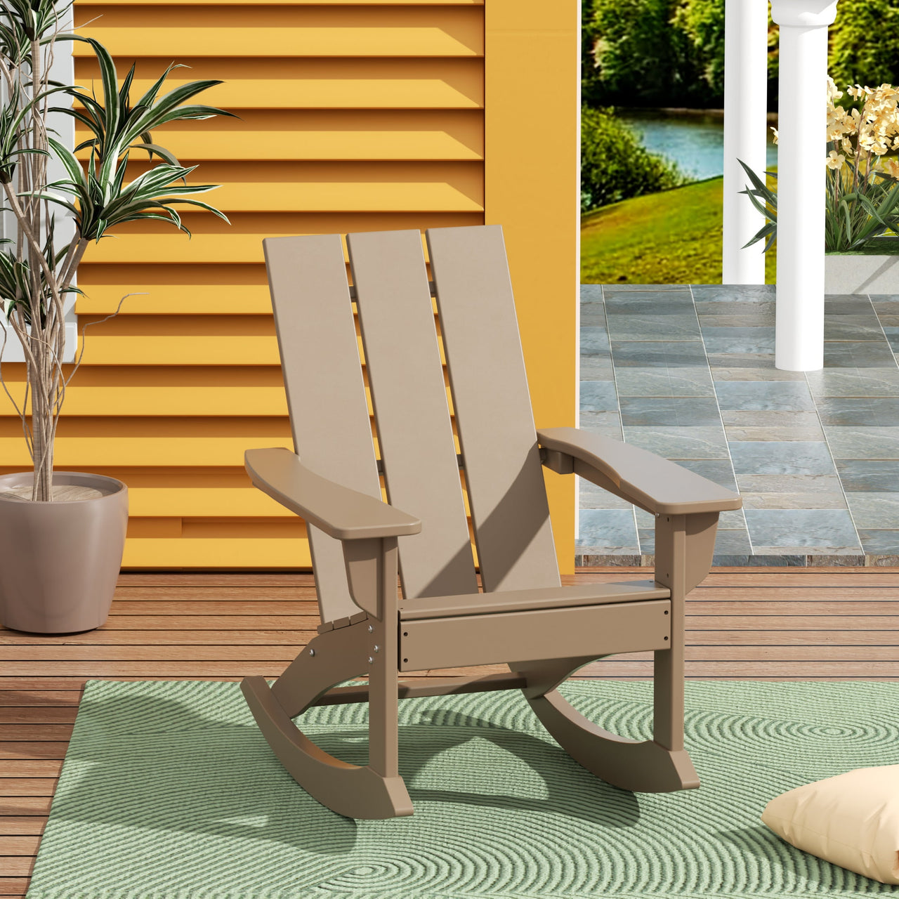 WestinTrends Ashore Patio Rocking Chair, All Weather Poly Lumber Plank Adirondack Rocker Chair, Modern Farmhouse Black Rocking Chairs for Porch Garden Backyard and Indoor