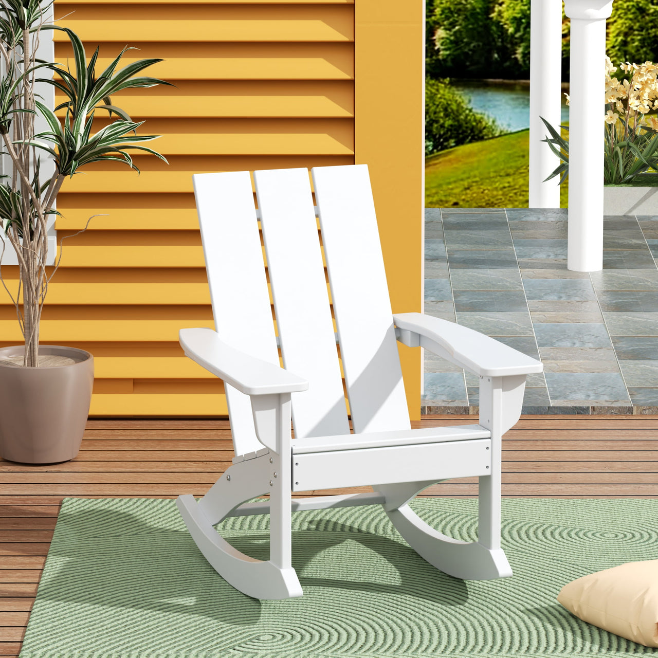 WestinTrends Ashore Patio Rocking Chair, All Weather Poly Lumber Plank Adirondack Rocker Chair, Modern Farmhouse Black Rocking Chairs for Porch Garden Backyard and Indoor