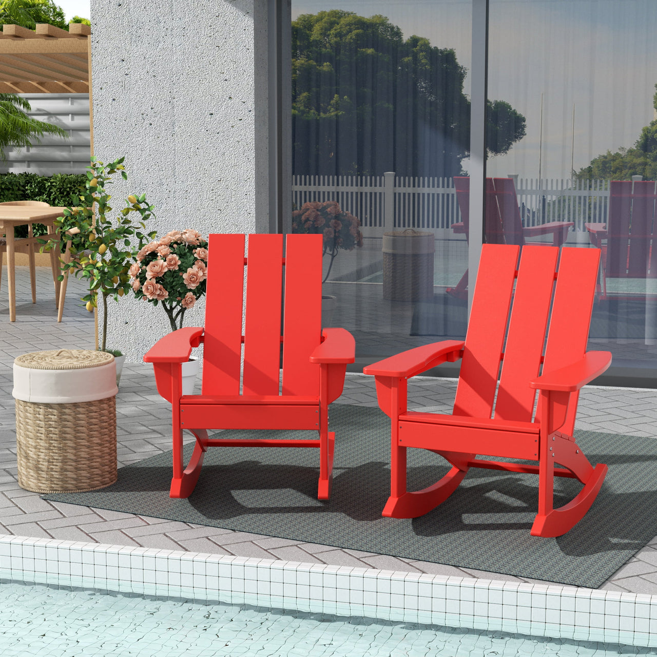 WestinTrends Ashore Patio Rocking Chair, All Weather Poly Lumber Plank Adirondack Rocker Chair, Modern Farmhouse Black Rocking Chairs for Porch Garden Backyard and Indoor