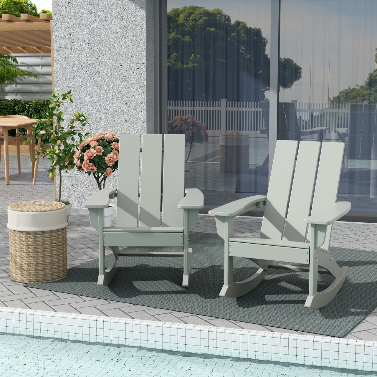 WestinTrends Ashore Patio Rocking Chair, All Weather Poly Lumber Plank Adirondack Rocker Chair, Modern Farmhouse Black Rocking Chairs for Porch Garden Backyard and Indoor