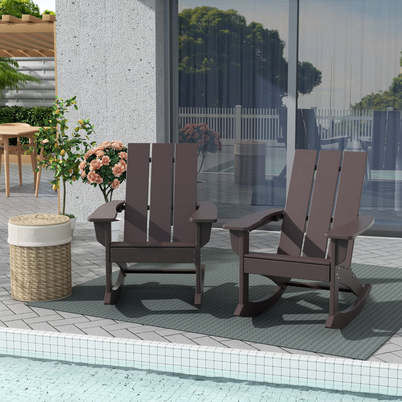 WestinTrends Ashore Patio Rocking Chair, All Weather Poly Lumber Plank Adirondack Rocker Chair, Modern Farmhouse Black Rocking Chairs for Porch Garden Backyard and Indoor