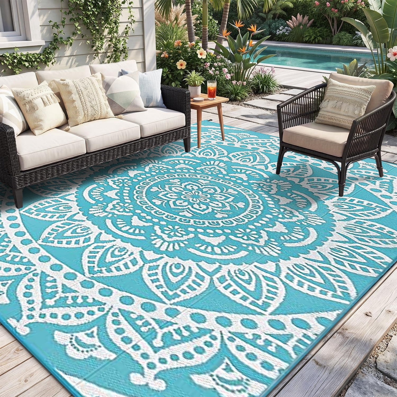 Yamaziot 6'x9' Outdoor Rugs Patio Rug Reversible Mats Waterproof RV Rug Plastic Straw Outdoor Area Rug for Patios, Camping, Porch, Balcony, Beach, Deck, Teal