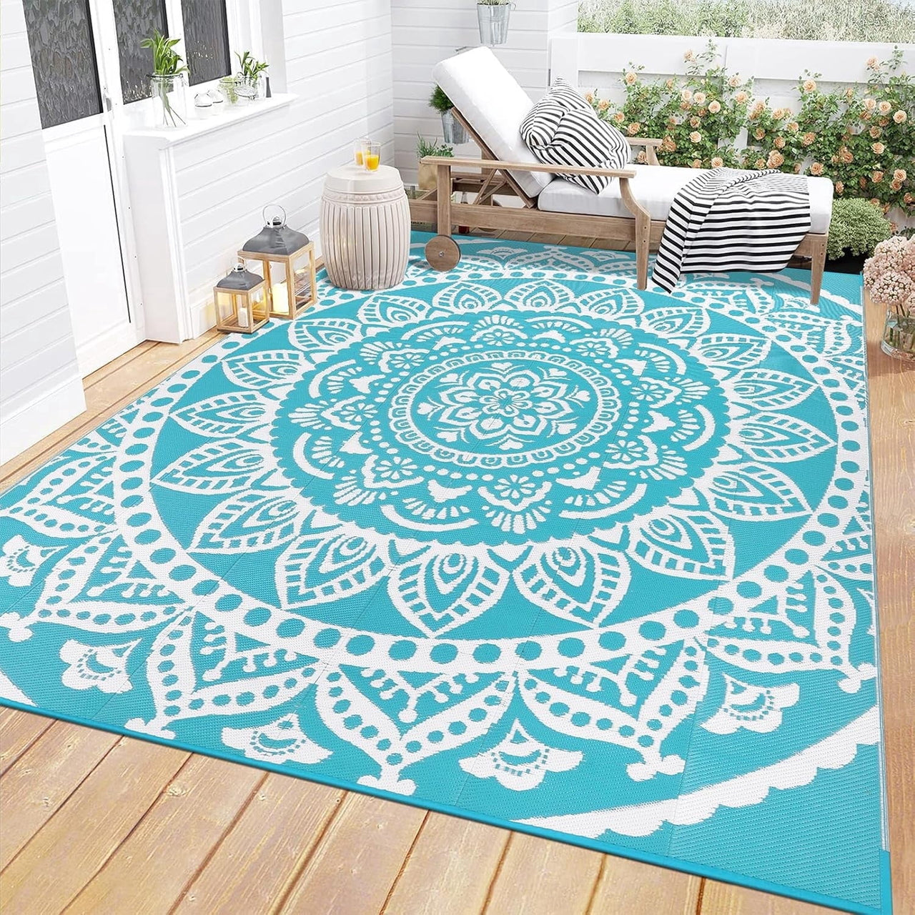 Yamaziot 6'x9' Outdoor Rugs Patio Rug Reversible Mats Waterproof RV Rug Plastic Straw Outdoor Area Rug for Patios, Camping, Porch, Balcony, Beach, Deck, Teal