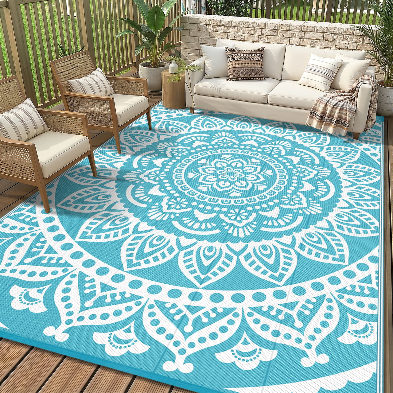 Yamaziot 6'x9' Outdoor Rugs Patio Rug Reversible Mats Waterproof RV Rug Plastic Straw Outdoor Area Rug for Patios, Camping, Porch, Balcony, Beach, Deck, Teal