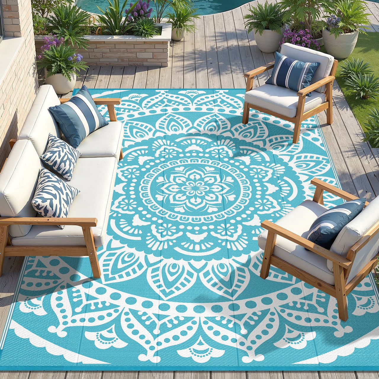 Yamaziot 6'x9' Outdoor Rugs Patio Rug Reversible Mats Waterproof RV Rug Plastic Straw Outdoor Area Rug for Patios, Camping, Porch, Balcony, Beach, Deck, Teal