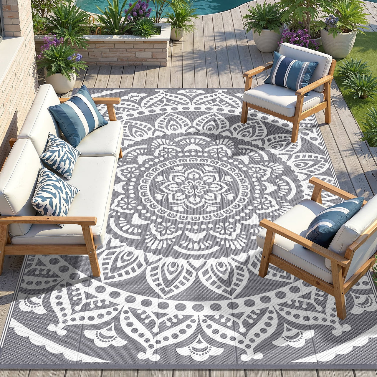 Yamaziot 6'x9' Outdoor Rugs Patio Rug Reversible Mats Waterproof RV Rug Plastic Straw Outdoor Area Rug for Patios, Camping, Porch, Balcony, Beach, Deck, Teal