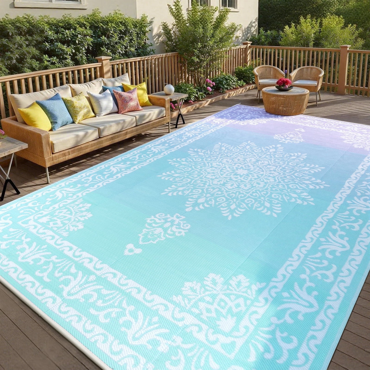 Yamaziot 6'x9' Outdoor Rugs Patio Rug Medallion Reversible Mat, RV Rug, Waterproof Plastic Straw Outdoor Area Rug for Patio, Camping, Porch, Balcony, Beach, Deck, Backyard, Garden, Gray