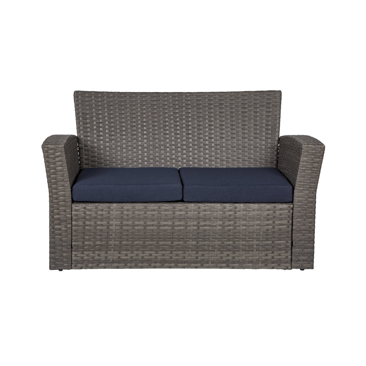 WestinTrends 4pc Outdoor Furniture Conversation Sofa Set with Loveseat, Cofee Table and Cushions, All Weather UV Resistant Rattan Wicker Patio Chairs, Gray/Navy Blue