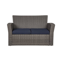 WestinTrends 4pc Outdoor Furniture Conversation Sofa Set with Loveseat, Cofee Table and Cushions, All Weather UV Resistant Rattan Wicker Patio Chairs, Gray/Navy Blue