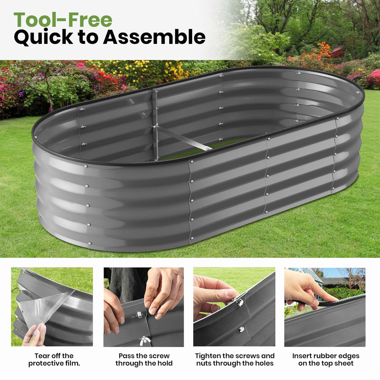 GVDV Galvanized Raised Garden Bed Outdoor, 4x2x1ft Backyard Oval Metal Planter Box with Easy Assembly, for Gardening Vegetables, Fruits, Flowers - Dark Gray