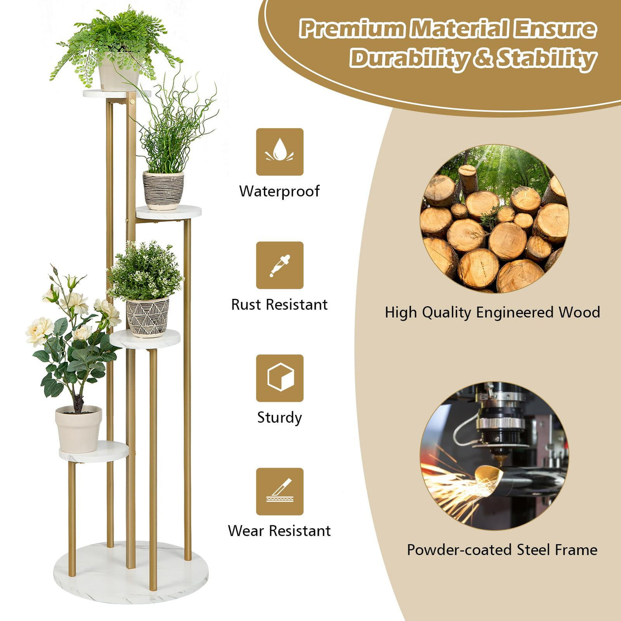 Giantex  4-Tier Metal Plant Stand, Planter Holder  W/ Golden Metal Frame, Faux Marble Finish, Potted Planter Display Rack