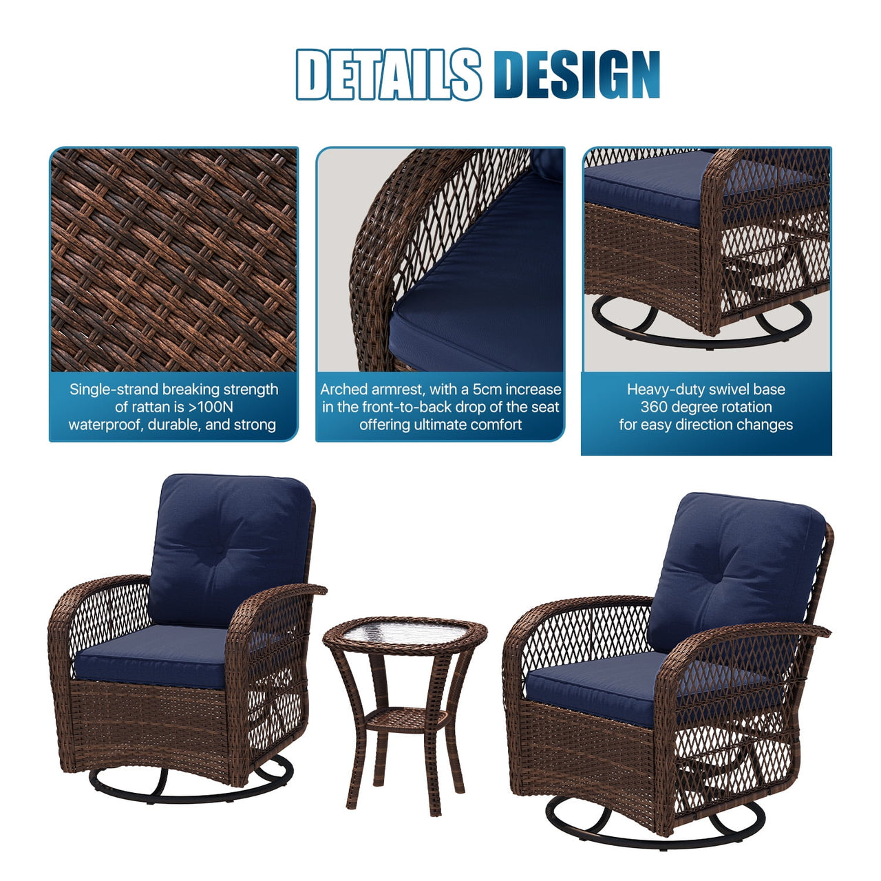 Sunmthink 3-Piece Patio Furniture Set with Swivel Rocking Chairs and Side Table, Thickened Cushions Outdoor Wicker Bistro for Porch Deck Backyard (Blue)