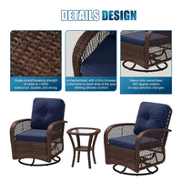 Sunmthink 3-Piece Patio Furniture Set with Swivel Rocking Chairs and Side Table, Thickened Cushions Outdoor Wicker Bistro for Porch Deck Backyard (Blue)