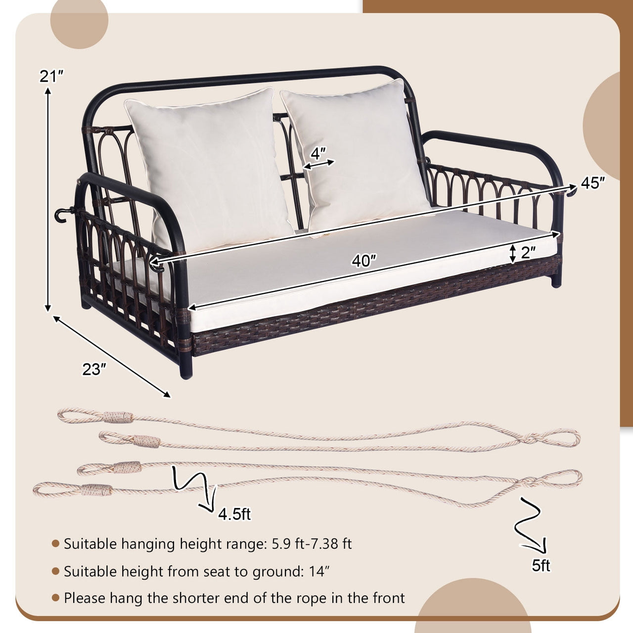 Topbuy Metal Hanging Porch Swing with Cushions