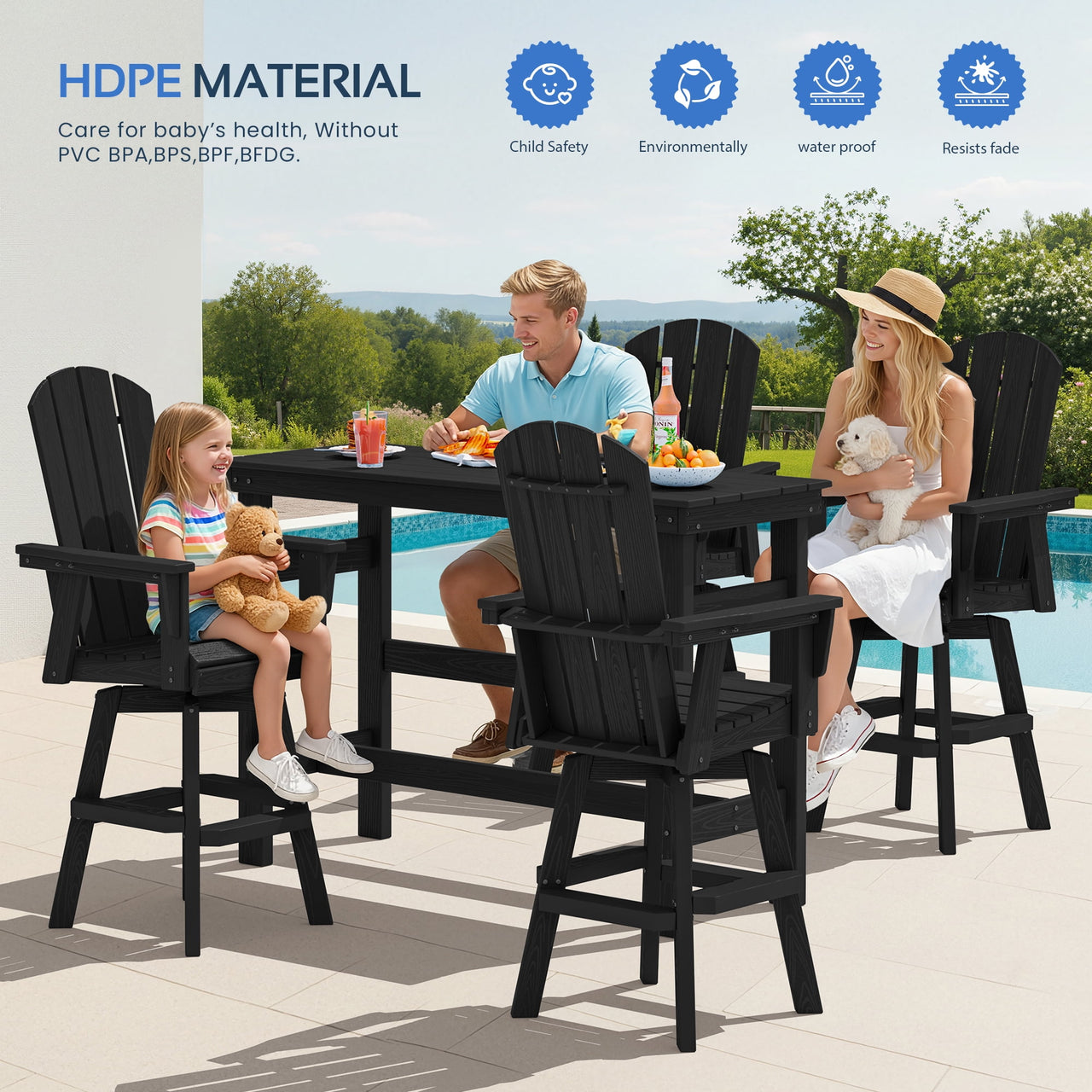 SERWALL HDPE Outdoor Swivel Bar Chairs Set of 2, Bar Height Adirondack Barstools, All Weather Pub Bar Chair, Black