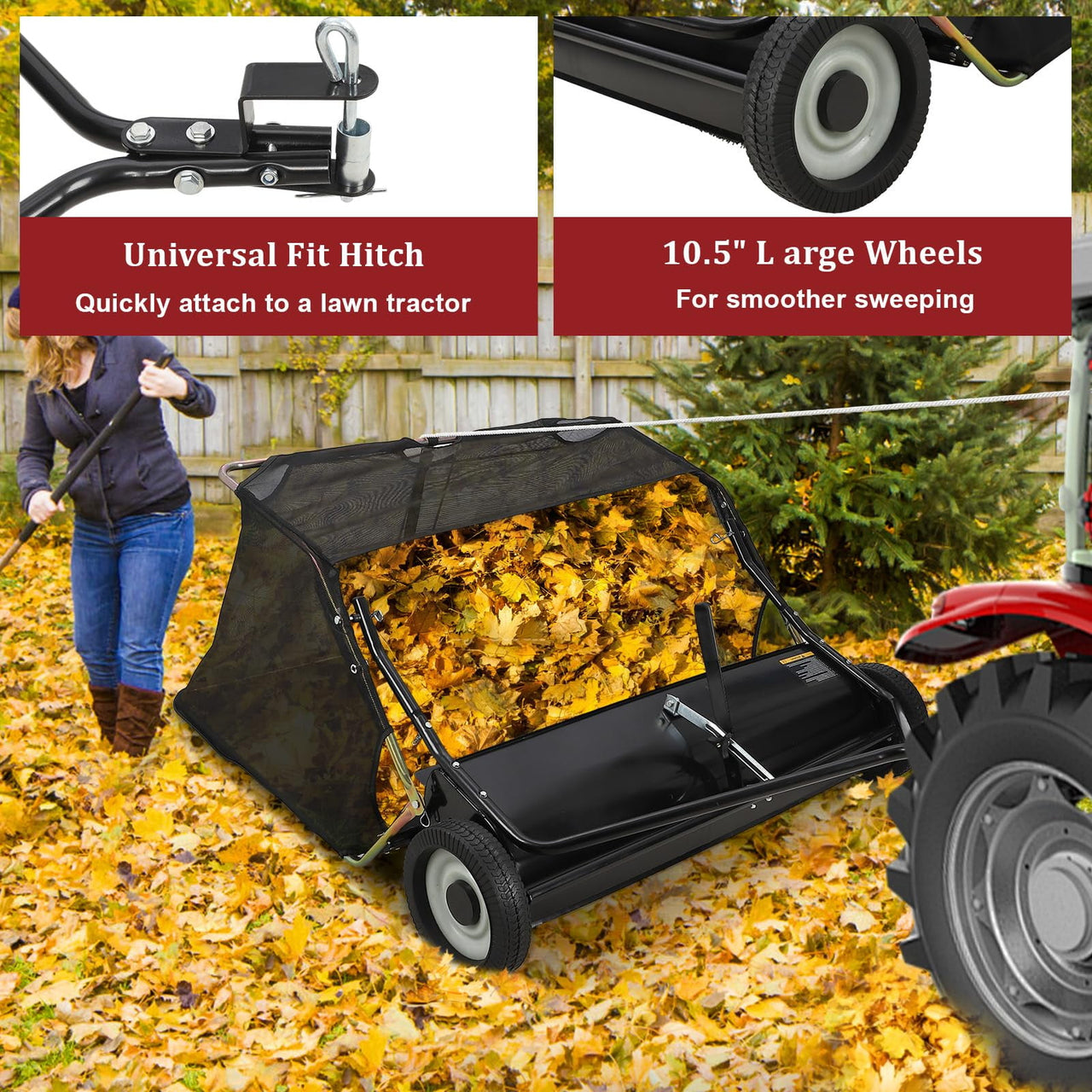 Tow Behind 48 Inch Lawn Sweeper, Large Capacity Heavy Duty Leaf & Grass Collector with Adjustable Sweeping Height, Dumping Rope Design for Picking Up Debris and Grass