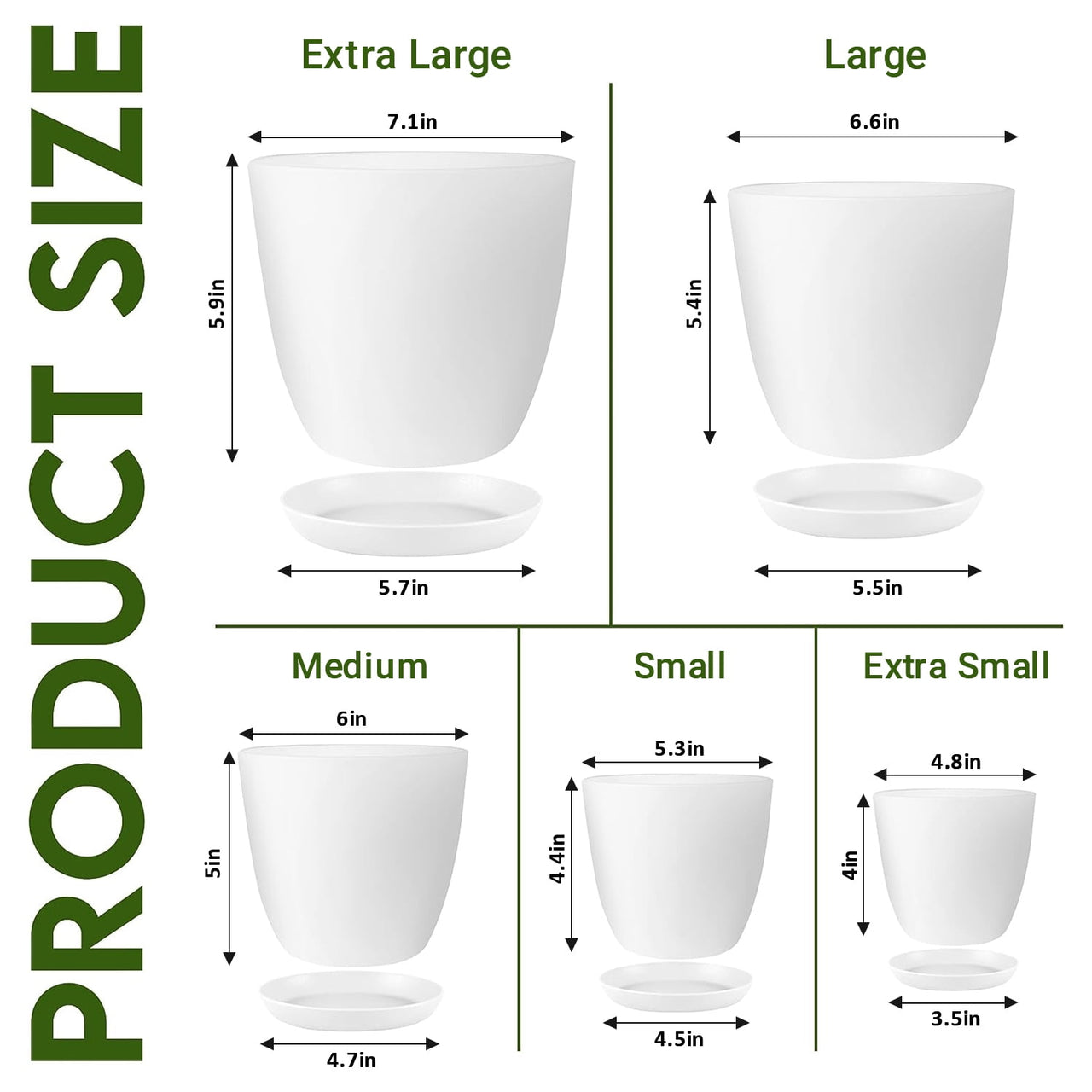 FOUKUS Set of 5 White Plastic Plant Pots with Drainage Holes and Tray - Eco-Friendly Indoor/Outdoor Flower Planters for Succulents, Cactus, Snake Plants - Sizes: 7", 6.6", 6", 5.3", 4.8"