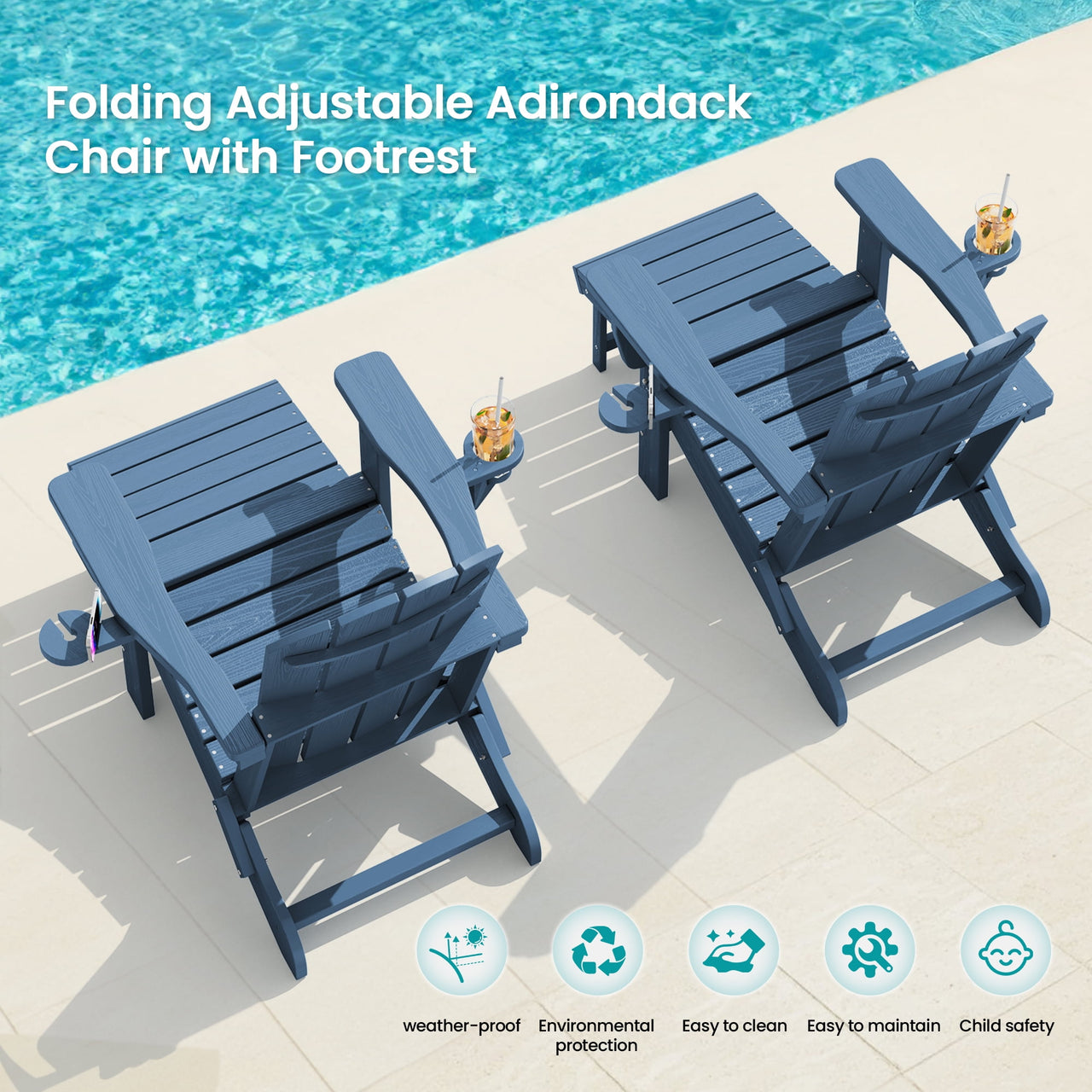 KINGYES Folding Adjustable Adirondack Chair with Retractable Ottoman Set of 2 for Patio Garden, Blue