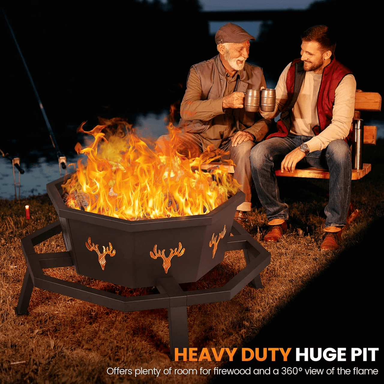 HAUXITIO Octagon Wood Burning Fire Pit,35" Outdoor Steel Firepit with Fire Poker for Patio, Backyard, Garden and Camping