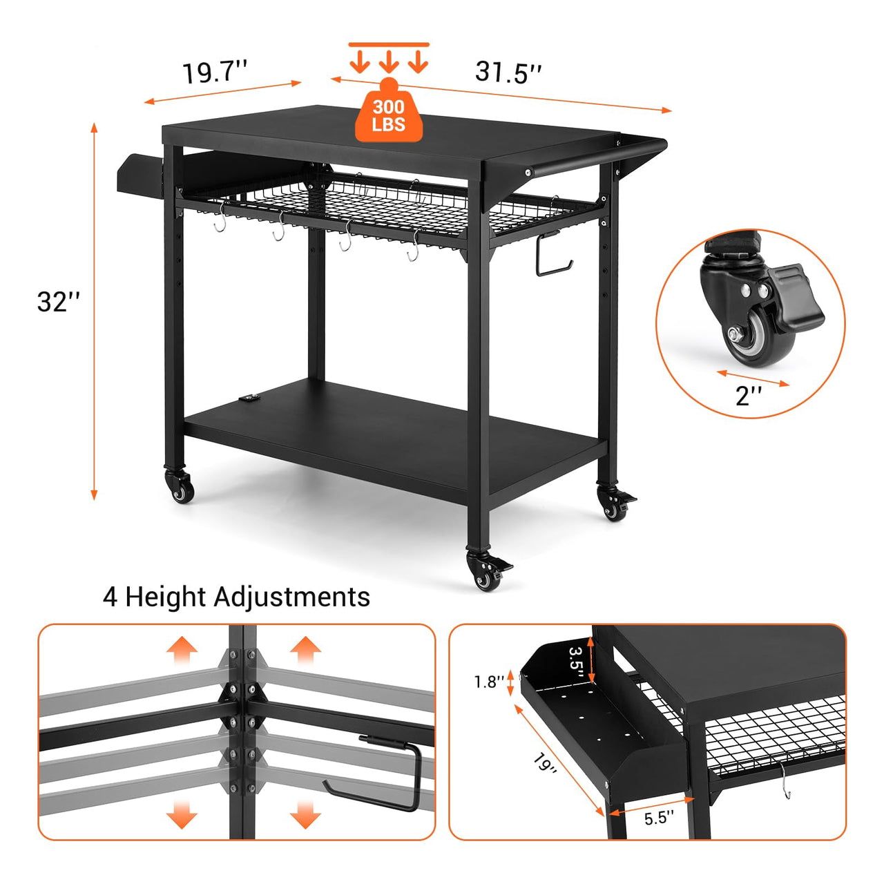 2/3-Shelf Grill Cart, with Wheels & Mesh Rack, Outdoor Pizza Oven Table and Food Prep Table, Black Table with Propane Tank Hook, Grill Stand for Griddle for Outside BBQ