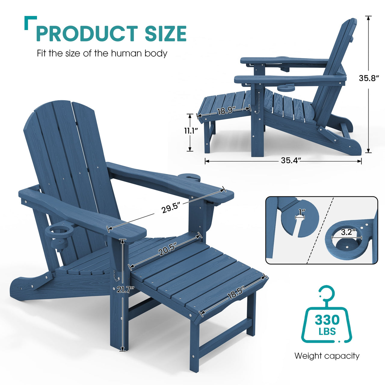 KINGYES Folding Adjustable Adirondack Chair with Retractable Ottoman Set of 2 for Patio Garden, Blue