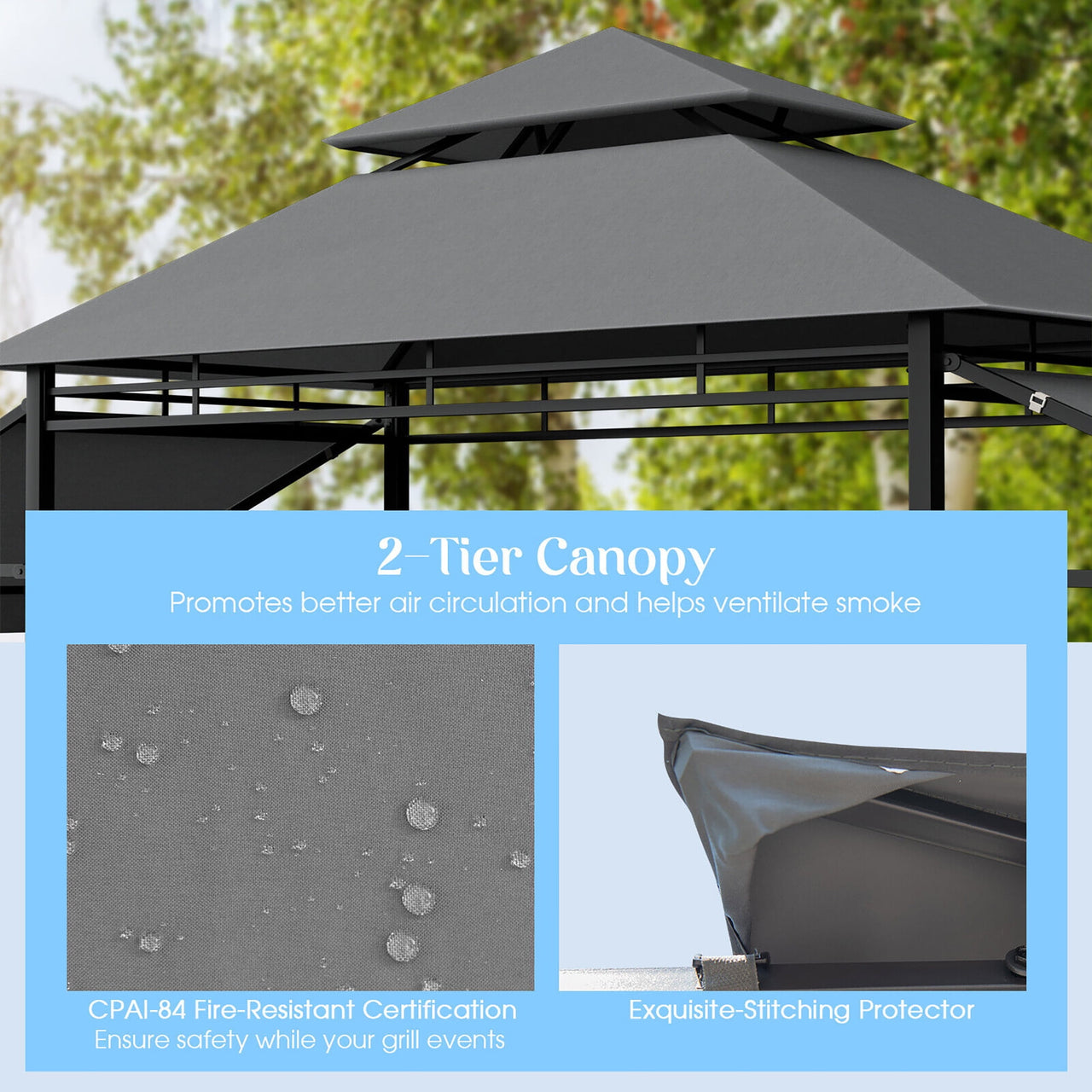 Gymax 13.5' x 4' Patio BBQ Grill Gazebo Side Awnings Shelves 2-Tier Canopy Outdoor