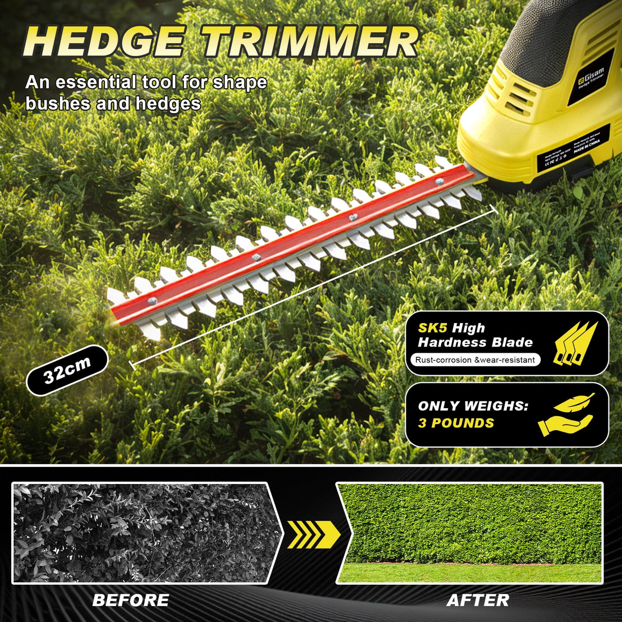 Gisam Cordless Electric Hedge Trimmer, 2-in-1 Mini Hedge Trimmer Cordless & Grass Shears, 2 x 2.0Ah Battery and Charger included