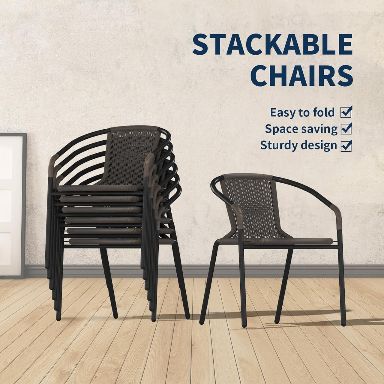 ELPOSUN Outdoor Dining Chairs Set of 4, Wicker Patio Chairs with Metal Frame, Rattan Indoor-Outdoor Chairs for Bistro, Deck, Backyard, Porch, Restaurant Stack Chair 4 Pack （Gray）