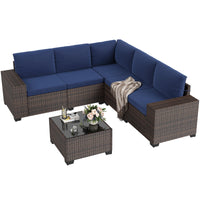 STARY 6 Pieces Outdoor Sectional Sofa with Wide Armrests, Patio Conversation Set, PE Rattan Furniture Set for Backyard, Blue